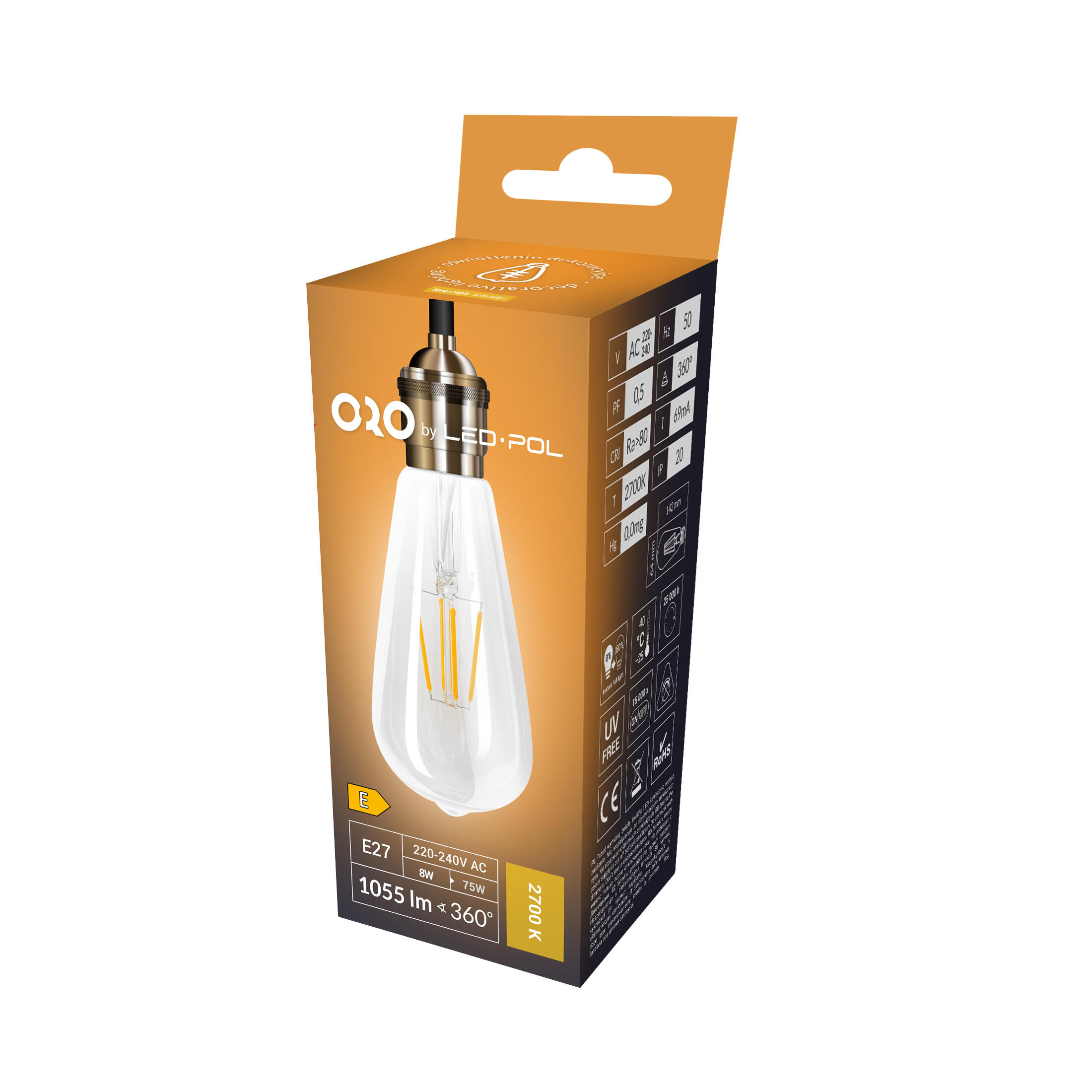 Żarówka LED E27 filament ST64 8W 1055lm 2700K - 2