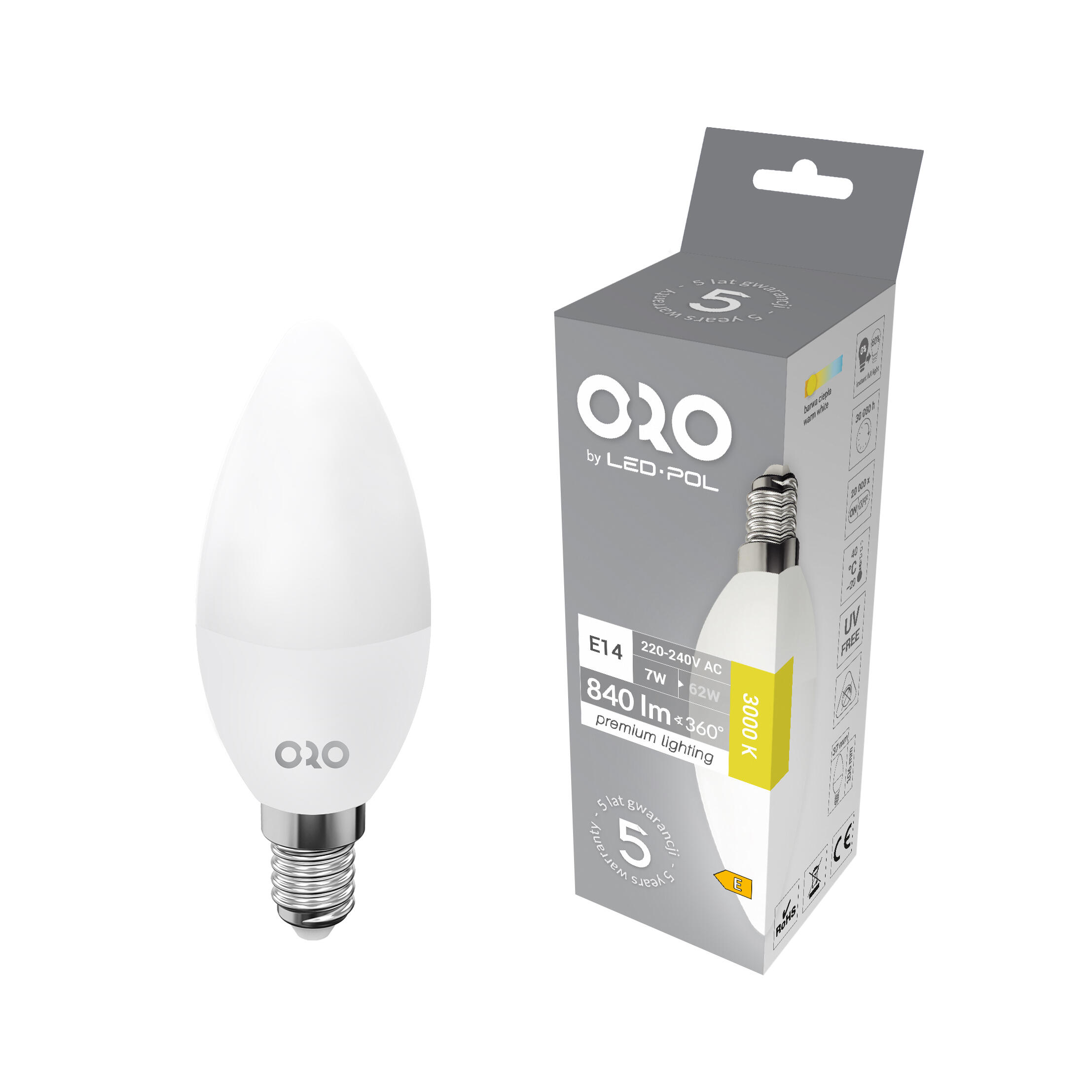 Żarówka LED E14 swieca 7W 840lm 3000K - 3