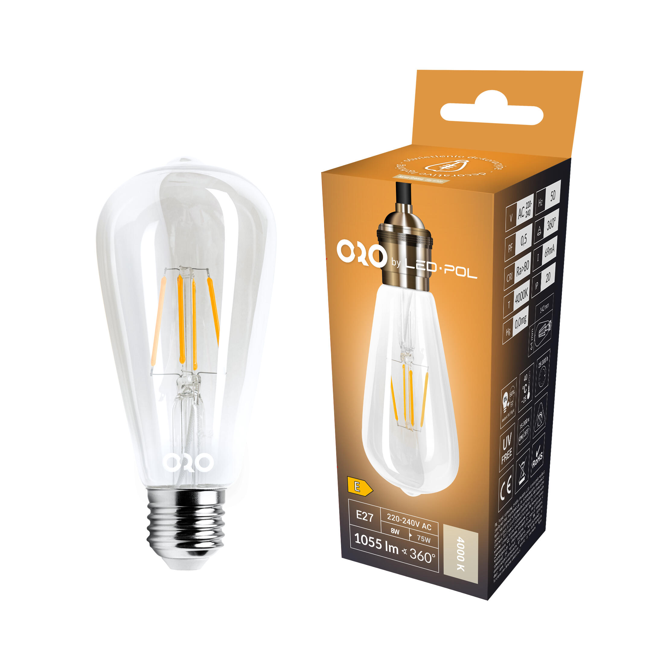 Żarówka LED E27 filament ST64 8W 1055lm 4000K - 3