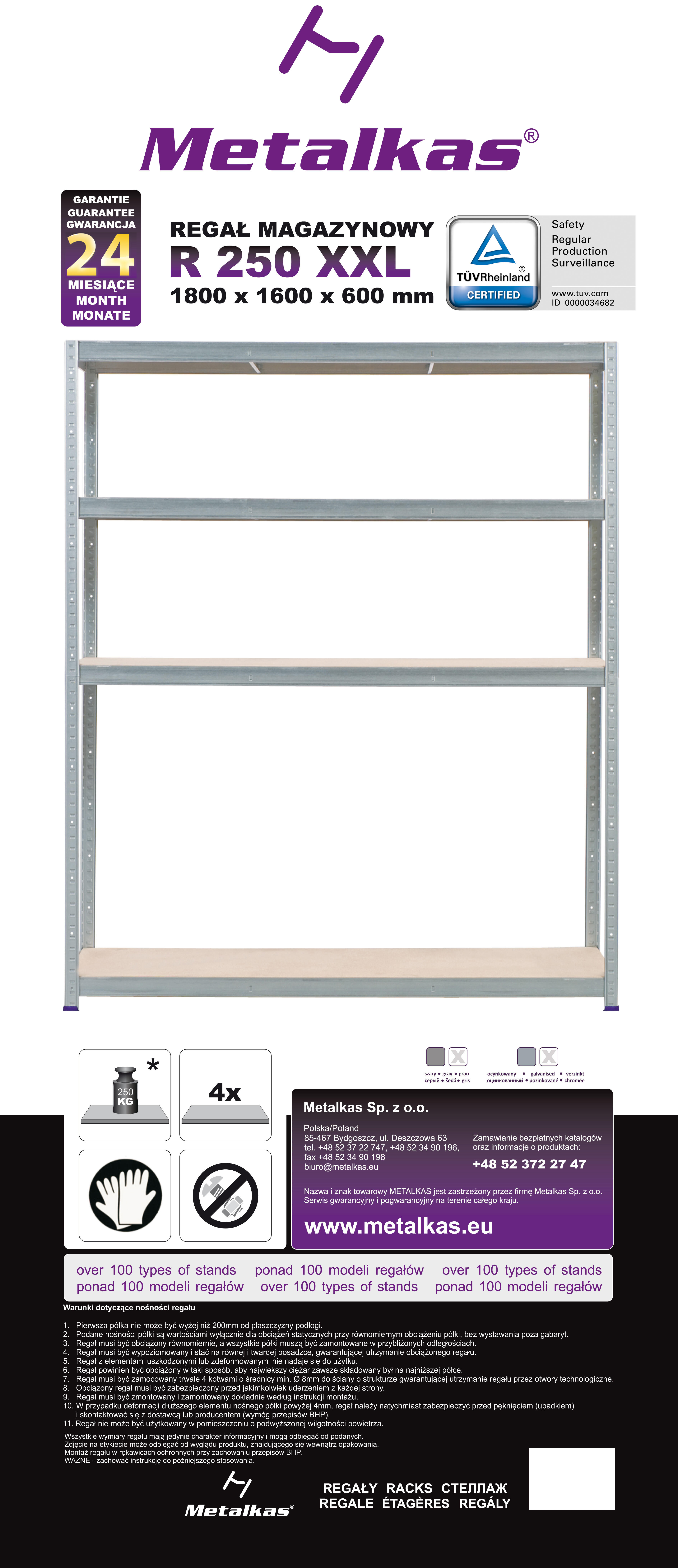 Regał magazynowy wym. 180x160x60 cm, 4 półki, nośność 250 kg - 3