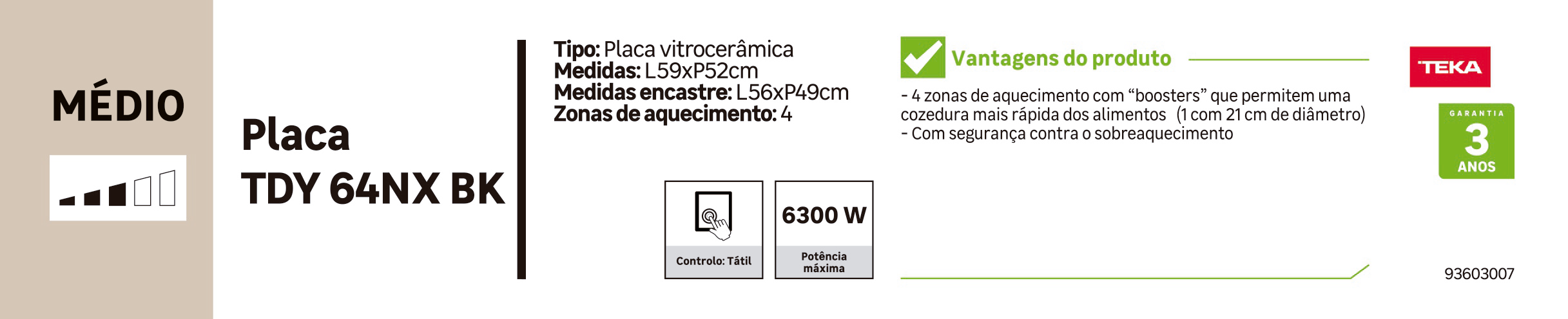 Placa vitrocerâmica 4 zonas de calor 6300 W 60 cm preto Teka 112550025 - 7