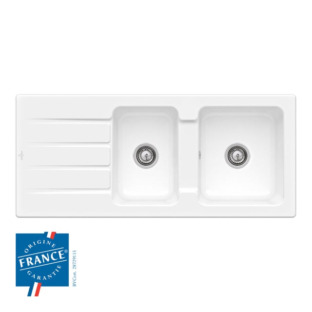 Evier en céramique 2 bacs 116 x 51 cm vidage inclus Crystal blanc