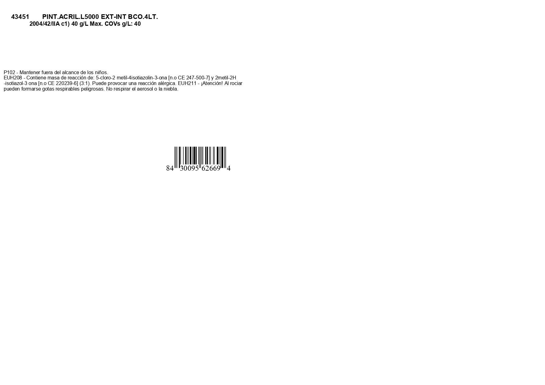 PINTURA PLASTICA BLANCA MATE 4L L5000 - 4
