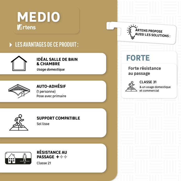 tableau de montée en gamme pvc spc adhesif medio artens, idéal salle de bain et chambre pour un usage domestique, produit auto-adhésif à poser après une couche de primaire d'accrochage, une personne seule suffit à l'installation, support compatible sol lisse, résistance au passage classe 21
