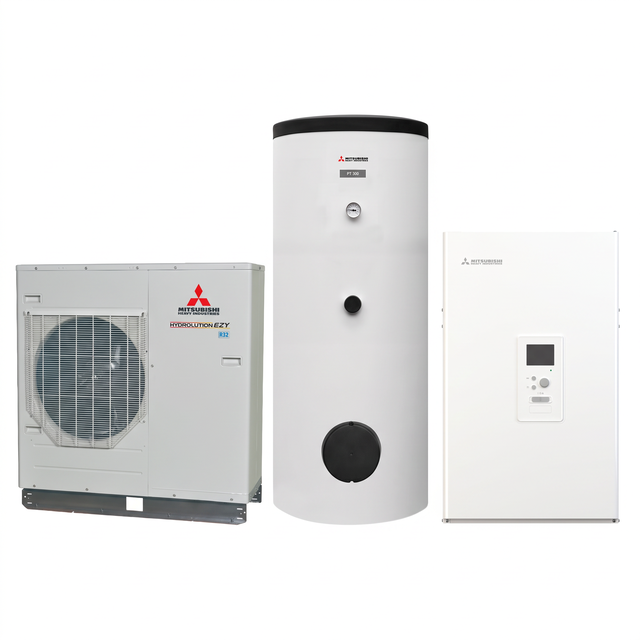 BOMBA DE CALOR AEROTERMIA MITSUBISHI HYDROLUTION PARTIDO HYDROBOX H2B-W 8KW R32 BIBLOC UNIDAD EXTERIOR + MURAL + DEPOSITO ACS 300L (FDCW71VNX-W/ PT300/ HMS100-W) MONOFASICO