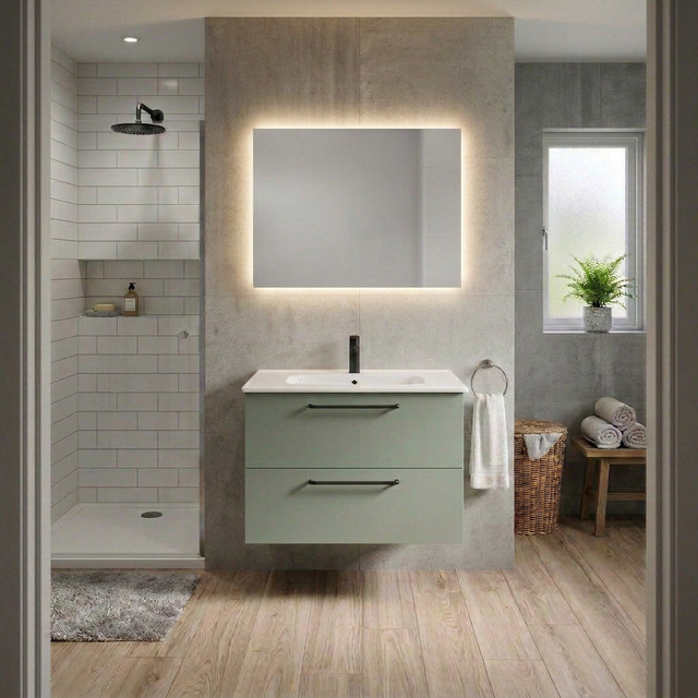 Mobile bagno sospeso Remix L 81 x H 58 x P 46 cm, 2 cassetti con maniglia nera verde opaco, lavabo con vasca centrale e specchio L 80 x H 60 cm retroilluminato inclusi