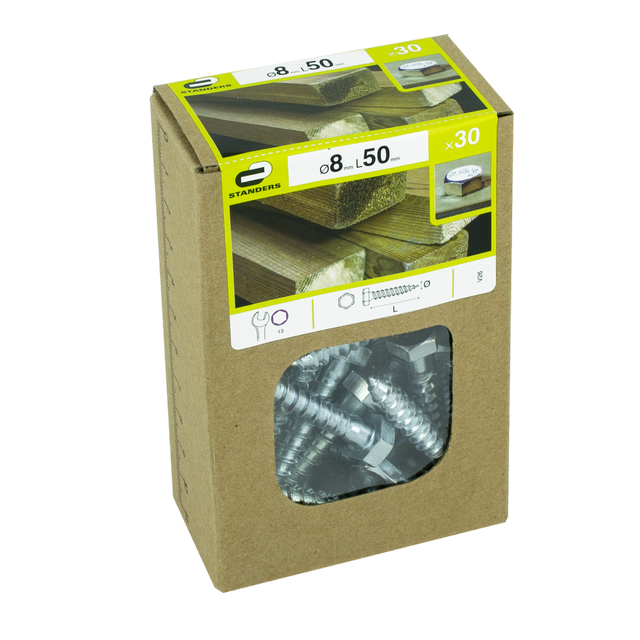 30 Tirafondo STANDERS con cabeza hexagonal, ø 8 x L. 50 mm