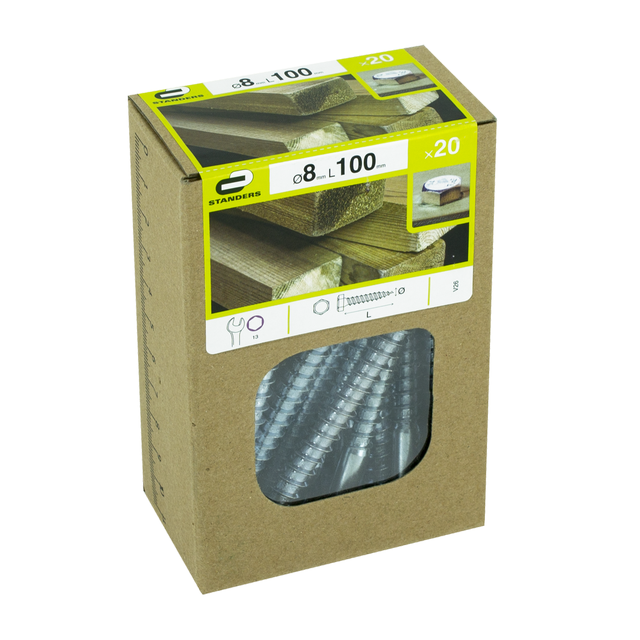 20 vis acier tête 6 pans hex STANDERS, Ø8 x L.100 mm