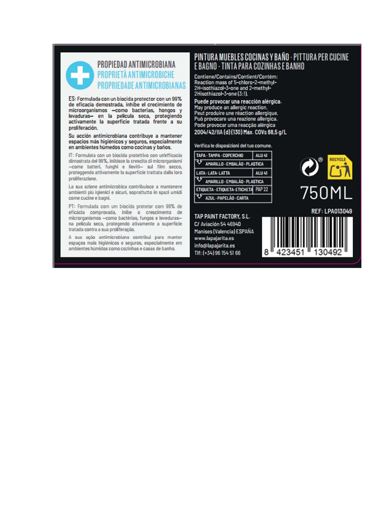 Pintura de interior cocinas y baños LA PAJARITA color negro satinado 750ml para muebles, mobiliario y carpintería - 10