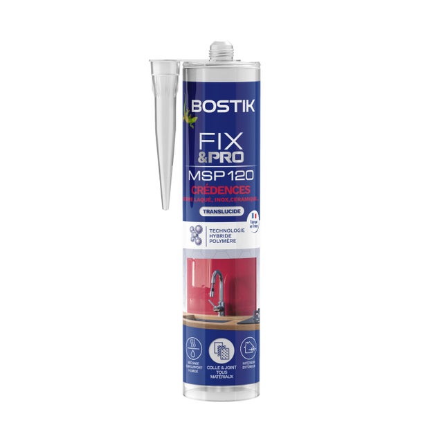 Colle fixation gel MS polymère BOSTIK Crédences fix&pro msp120 transparent 290ml