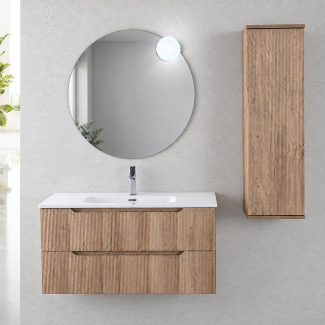 Mobile bagno sospeso Carrè L 101 x H 51 x P 46 cm, 2 cassetti con maniglia a gola rovere, lavabo con vasca centrale e specchio ø80 cm con applique led inclusi