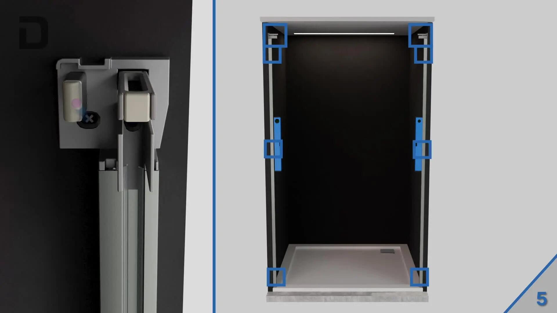 Mampara de ducha frontal corredera y panel fijo lateral Prisma Perfil aluminio plata. Ancho adaptable (130-135)+70.5 x200 cm. Cristal templado de seguridad transparente 6mm. Sin guía inferior. Tratamiento antical y cierre magnético Duscholux - 4