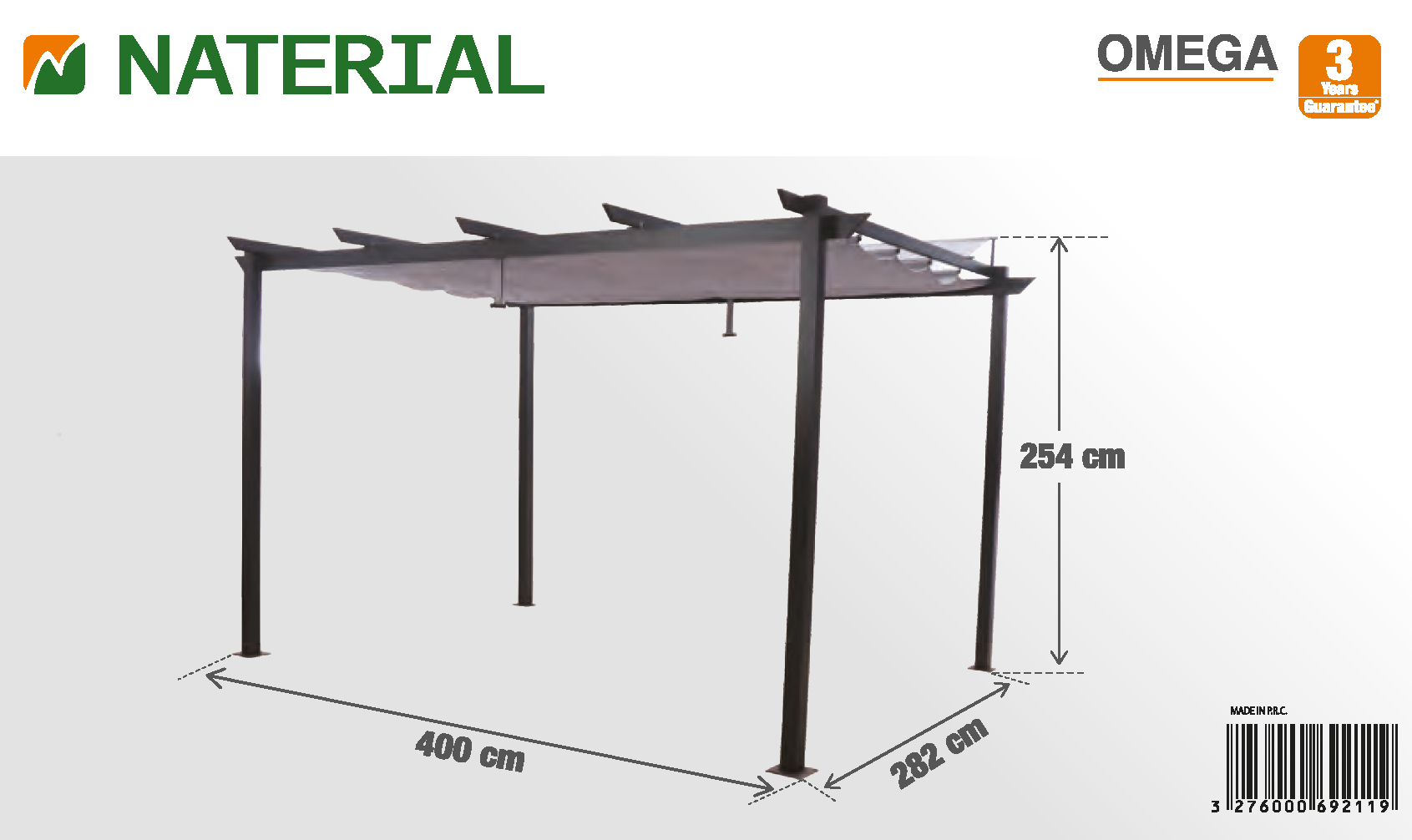 Pérgola de alumínio NATERIAL OMEGA CINZA ESCURO 2,85X4M - 2