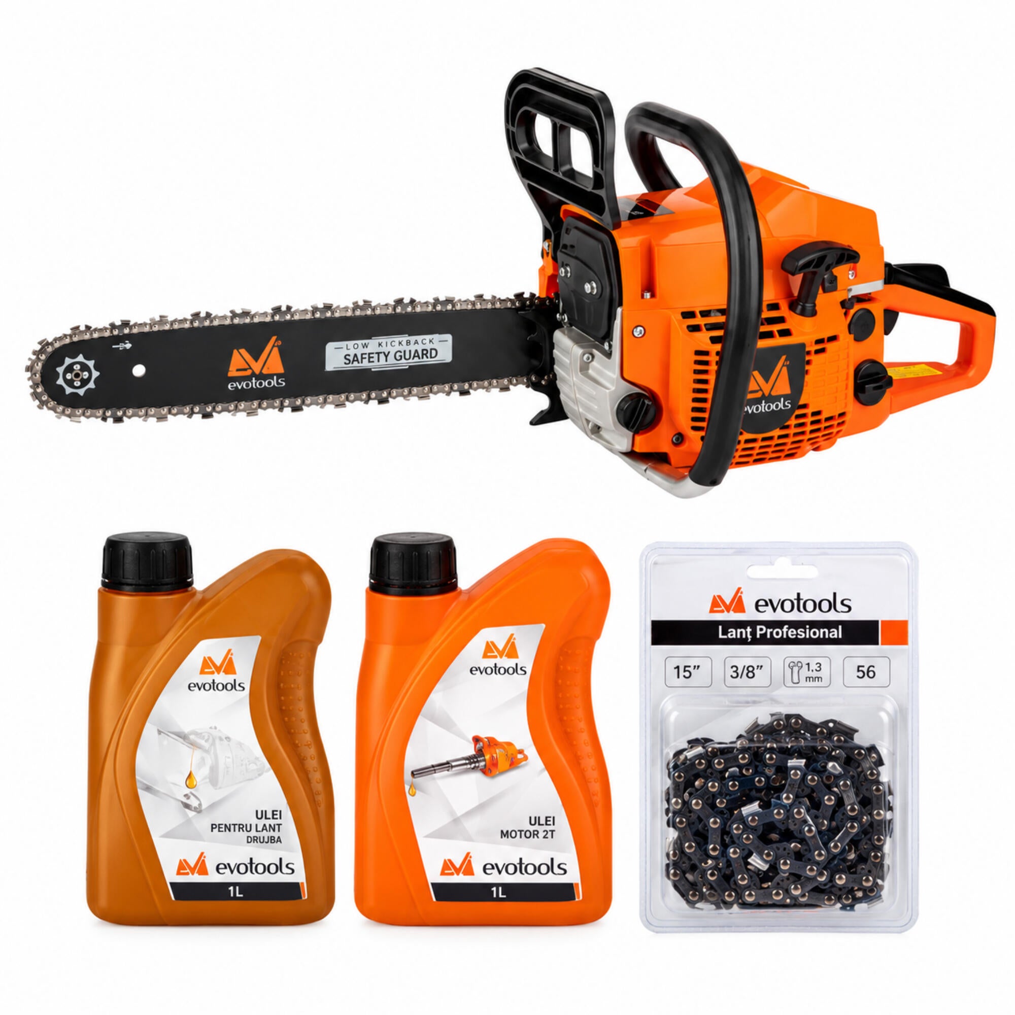 Motofierastrau pe benzina Evotools, 3.1 CP, 2.3 kW, lama 40cm cu 2 x lanturi, 1 L ulei amestec, 1 L ulei lant