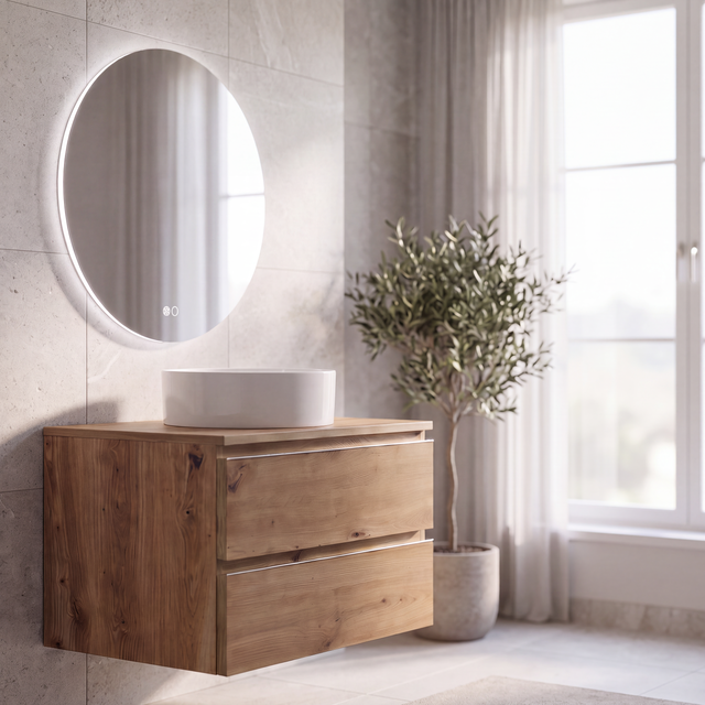 PACK MUEBLE DE BAÑO CON LAVABO SOBREPONER Y ESPEJO 80CM MIEL ATLANTIS