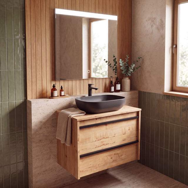 PACK MUEBLE DE BAÑO CON LAVABO SOBREPONER Y ESPEJO 80CM ROBLE EMOTION