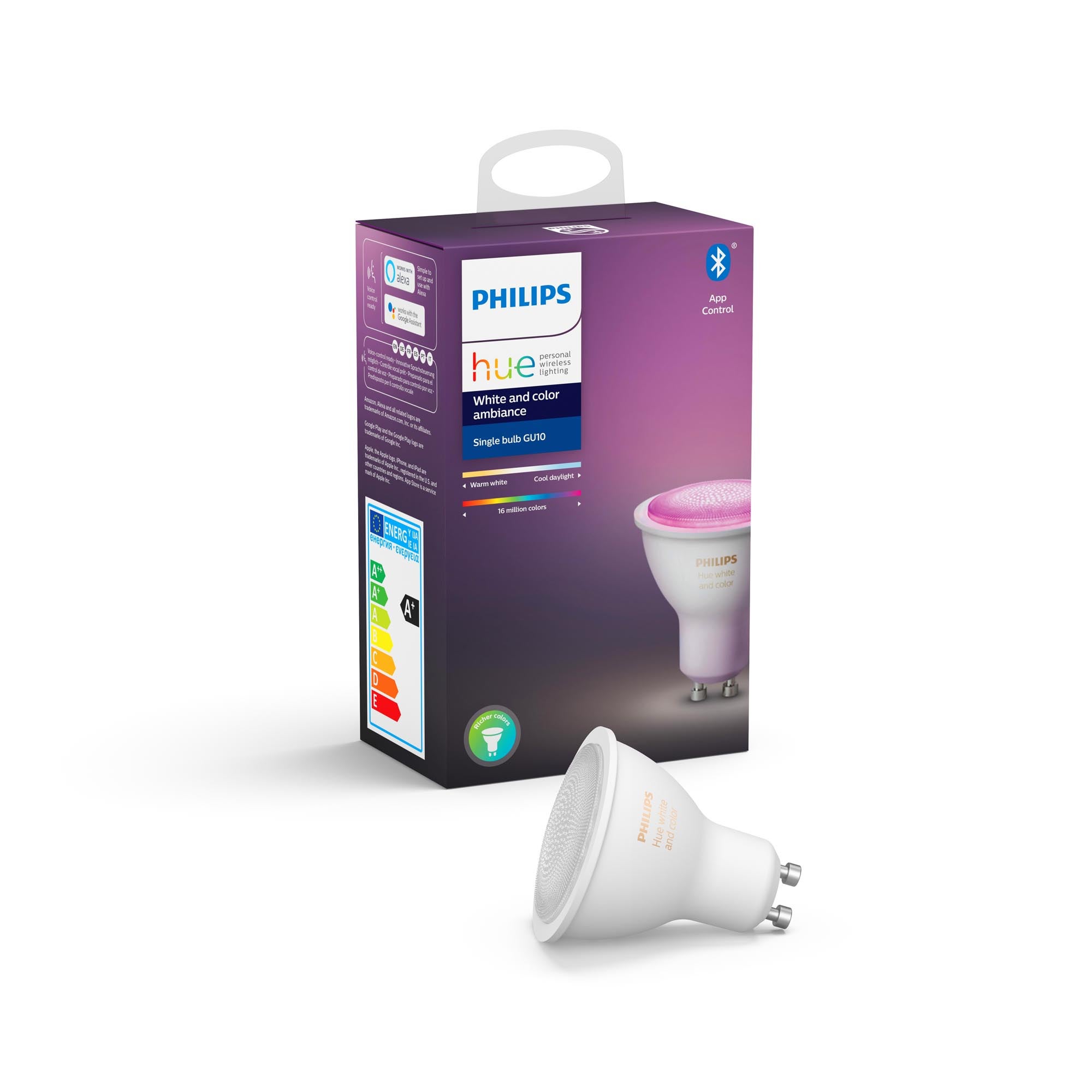 Lampadina smart HUE COLOR BLUETOOTH, LED, GU10 faretto, trasparente, rgb, 5.7W= 350 LM (equiv 50 W), 43° dimmerabile, PHILIPS HUE - 12