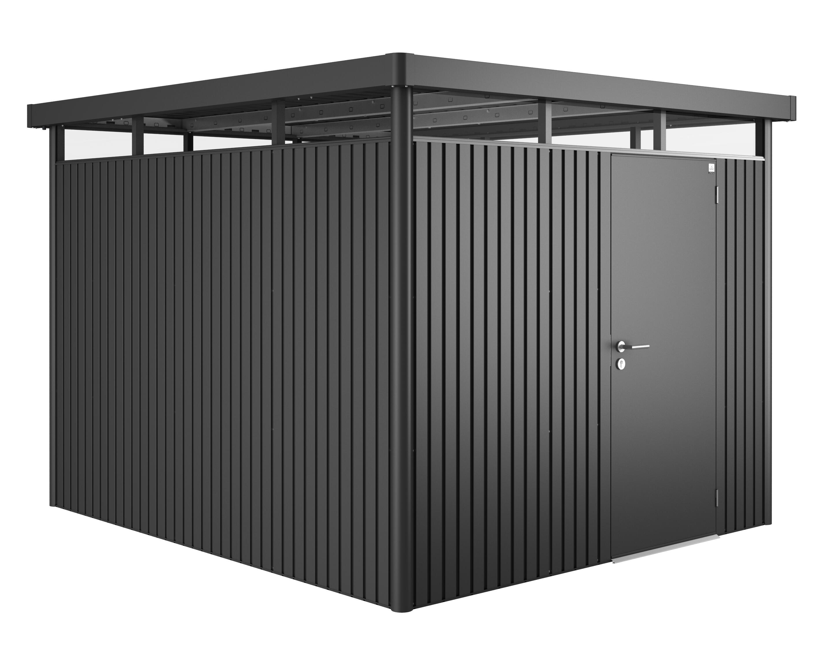 Caseta de metal highline de 275x222x315 cm y 8.66 m2 con 0,5 mm espesor y puerta abatible biohort