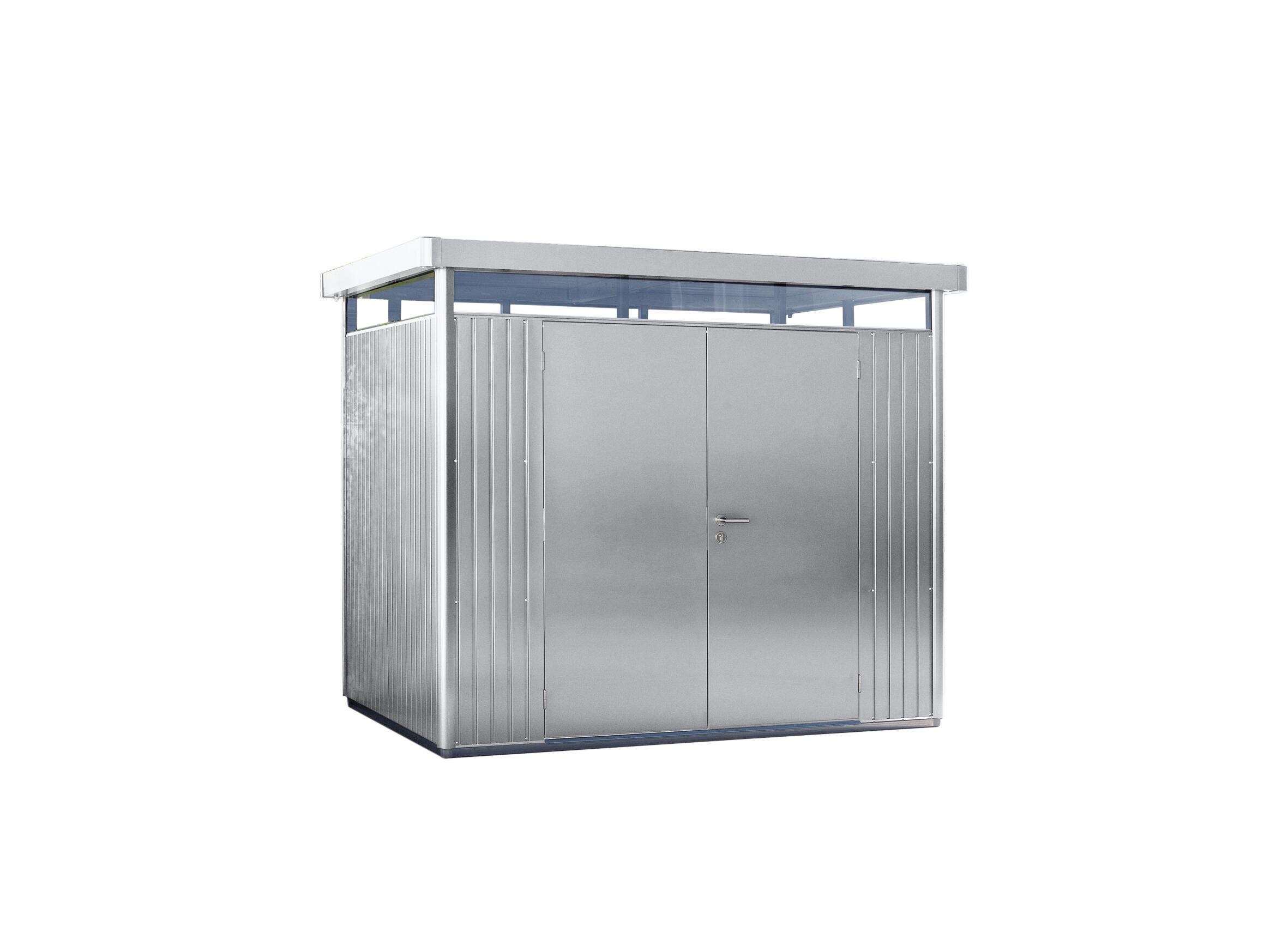 Caseta de metal highline de 275x222x195 cm y 5.36 m2 con 0.5 mm espesor y doble puerta abatible biohort