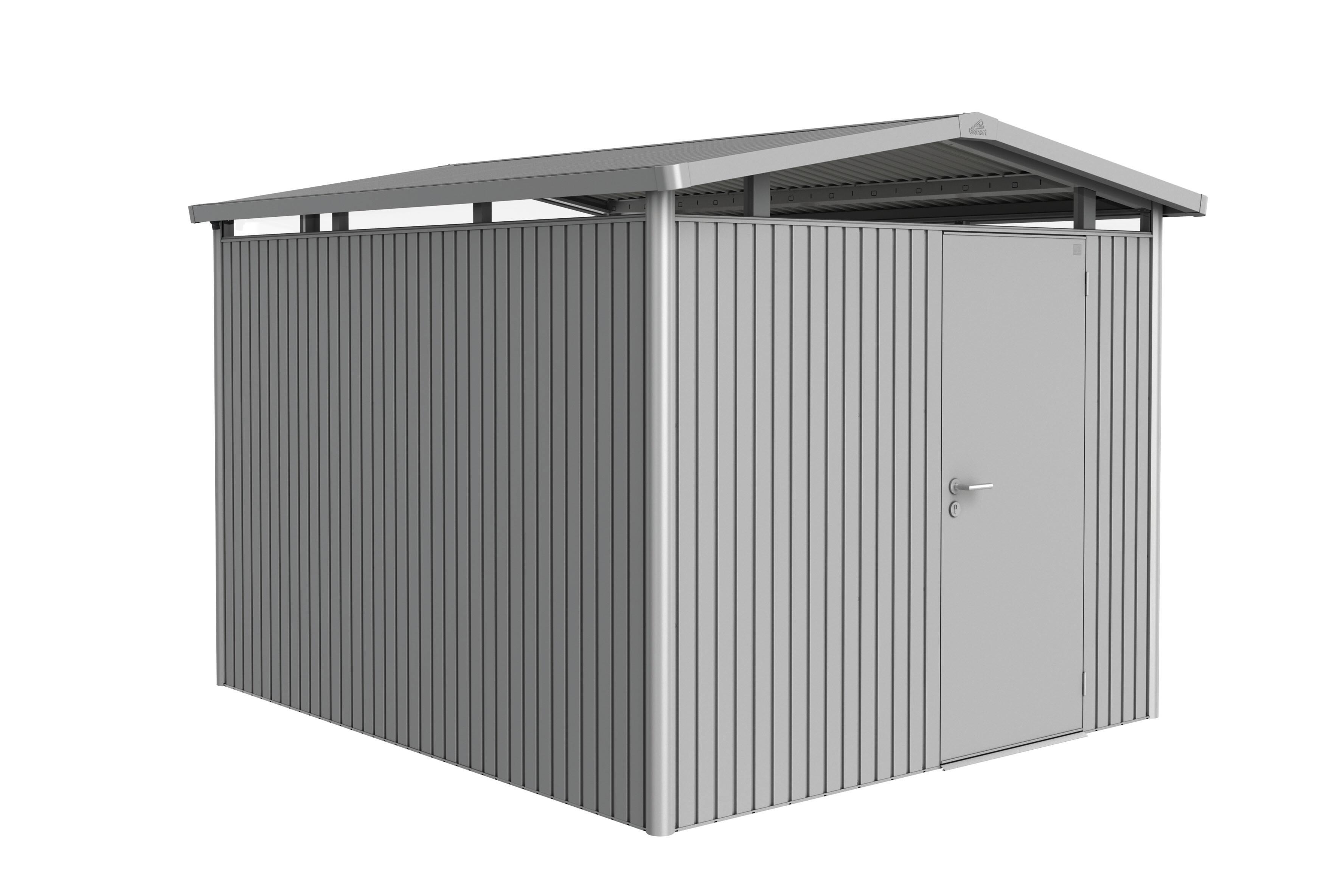 Caseta de metal panorama p5 de 273x227x318 cm y 8.68 m2 con 0.5 mm espesor y puerta abatible biohort