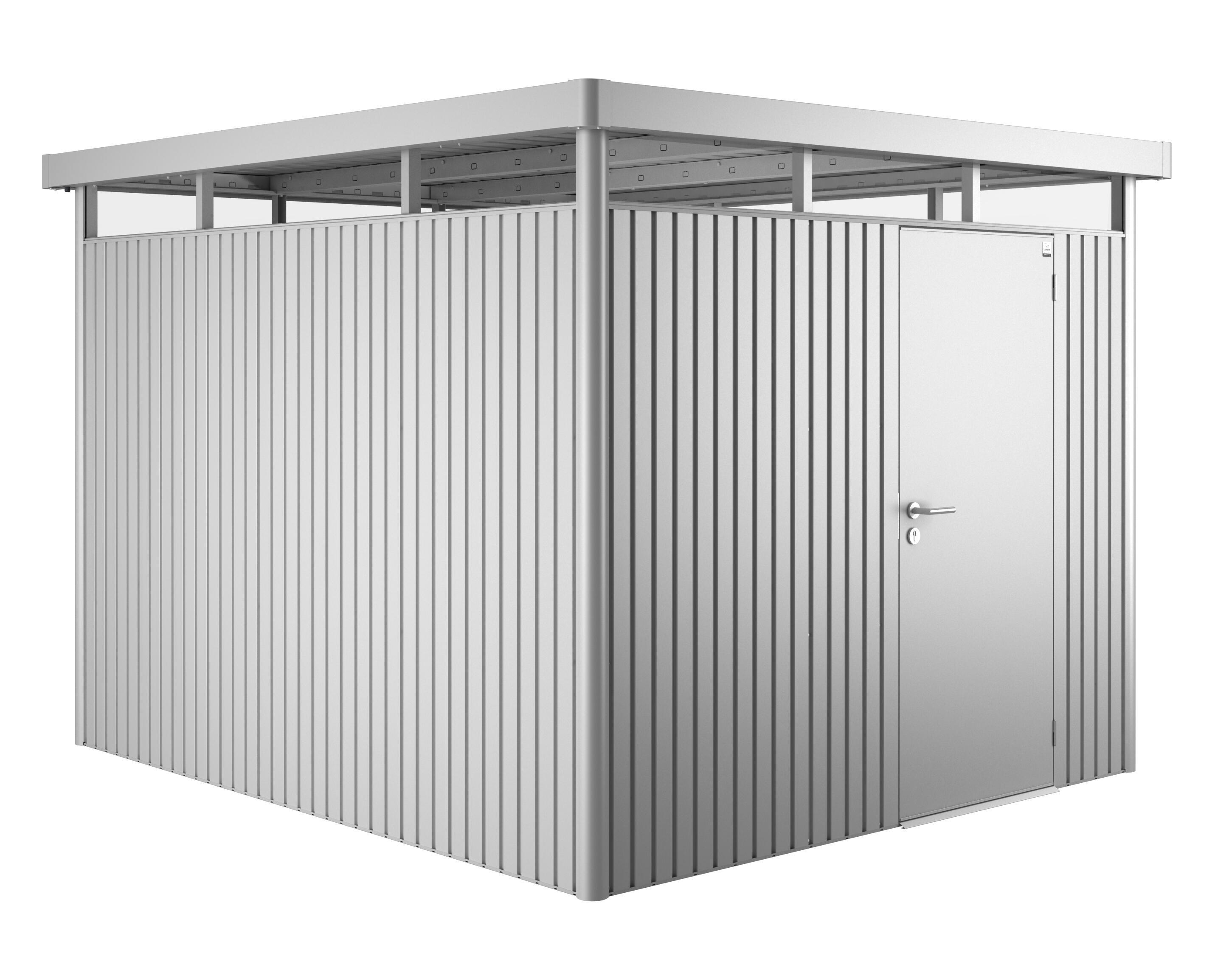 Caseta de metal highline de 275x222x315 cm y 8.66 m2 con 0,5 mm espesor y puerta abatible biohort