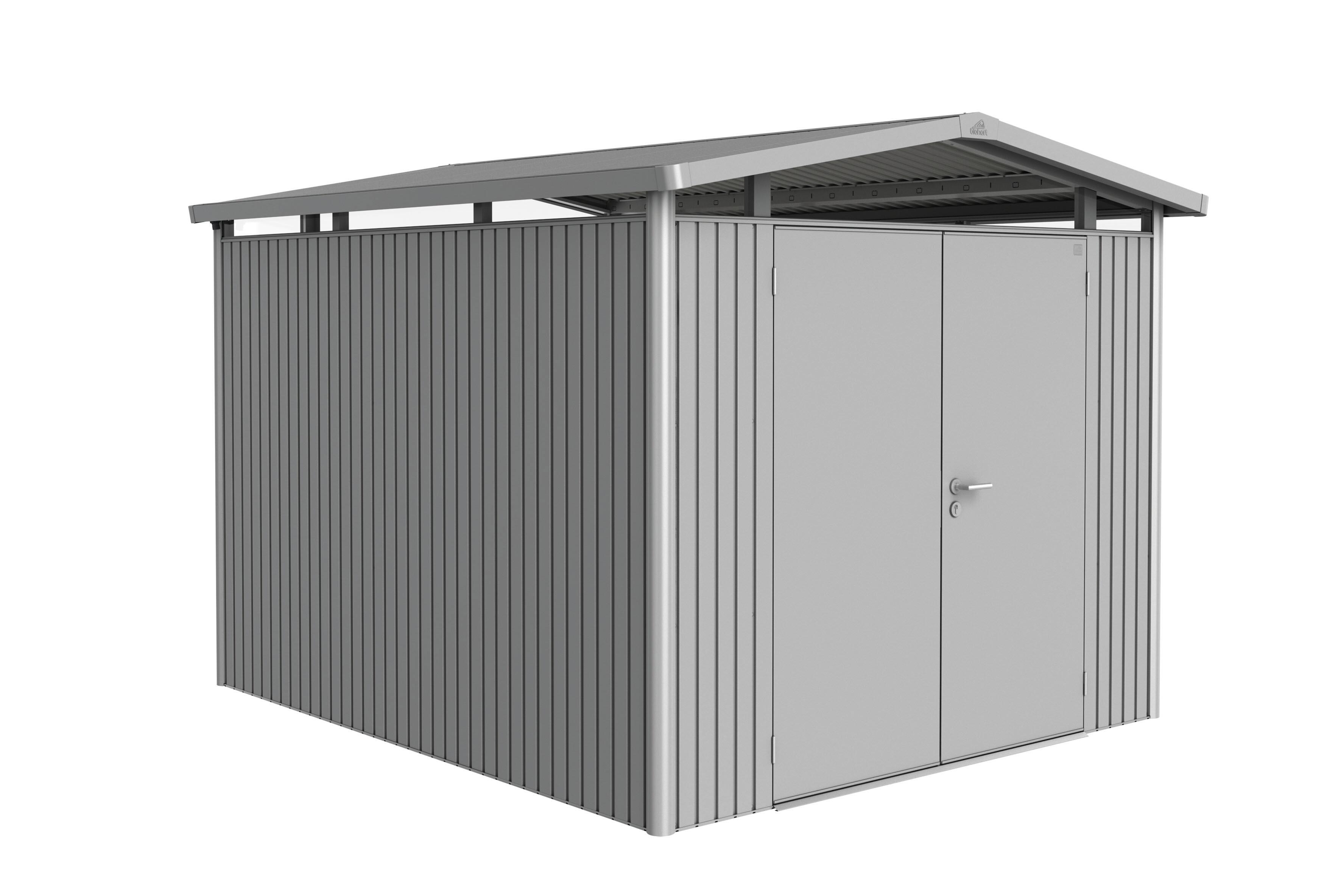 Caseta de metal panorama p5 de 273x227x318 cm y 8.68 m2 con 0.5 mm espesor y doble puerta abatible biohort