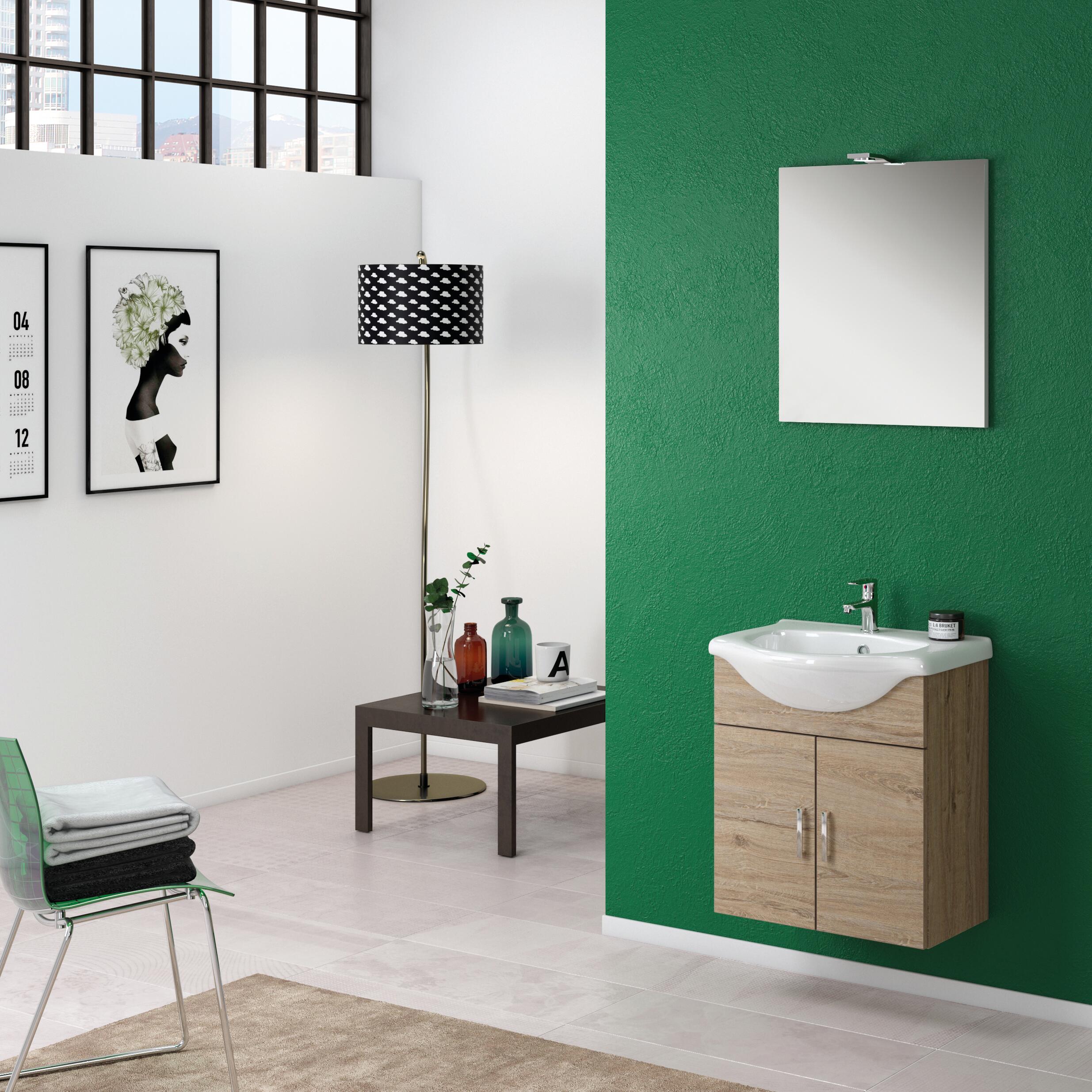 Mobile bagno sospeso con lavabo e specchio e illuminazione Jolly L 56 x H 64 x P 43 cm rovere nabucco, 2 ante per vasca centrale  - 3