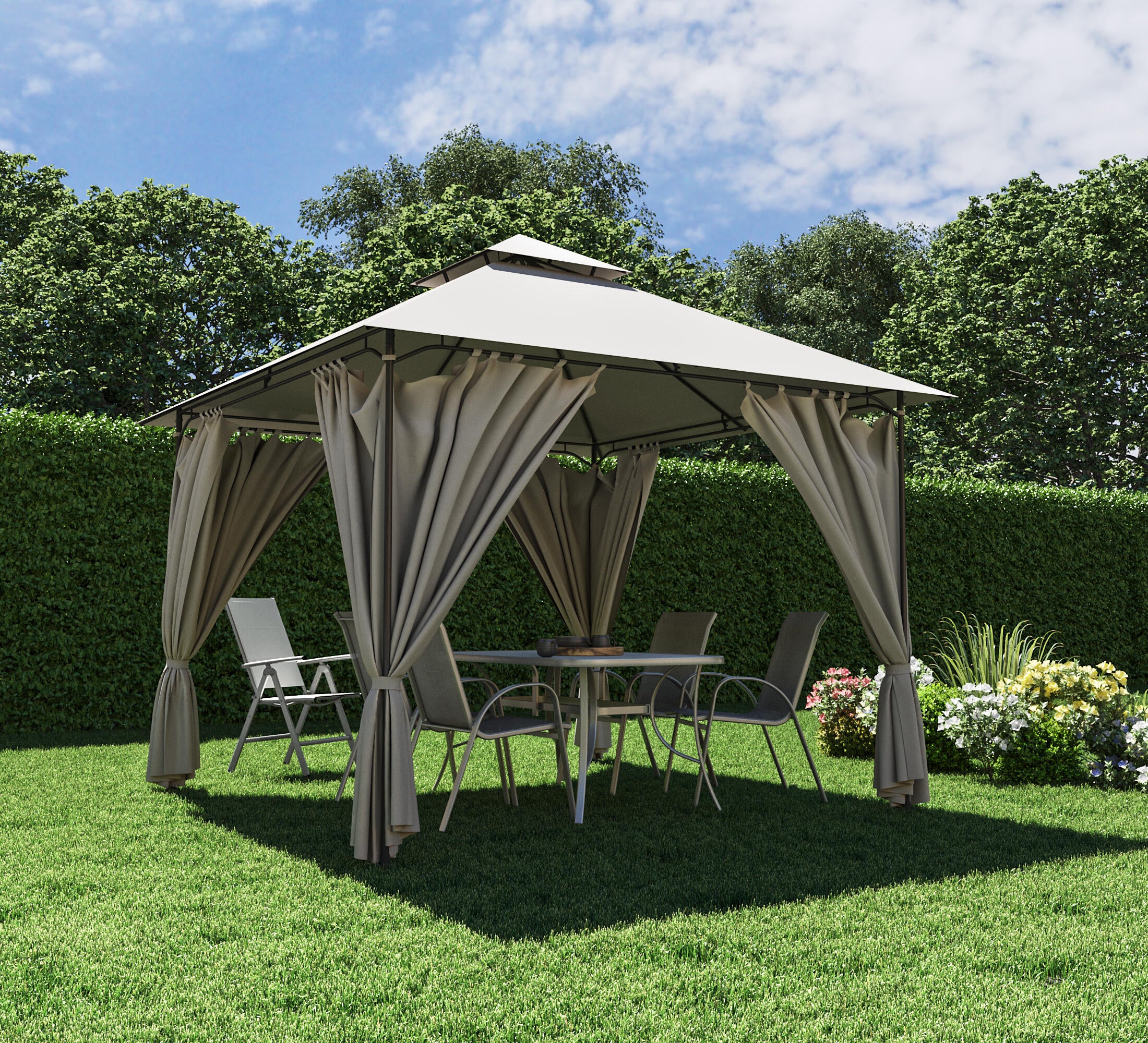 Cenador de acero con cubierta y cortinas NATERIAL Oxis de 301 x 298 cm gris - 11