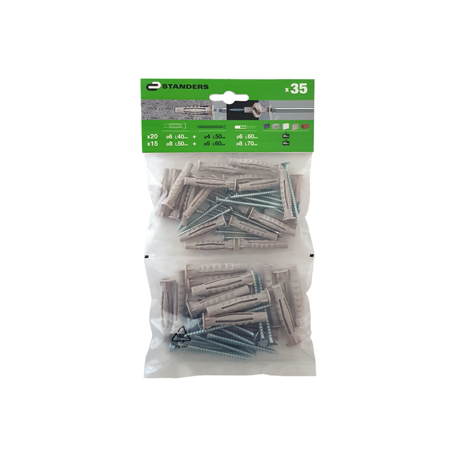 35 tacos + tornillos multimaterial STANDERS, ø 6, 8 y 10 x L. 40 mm