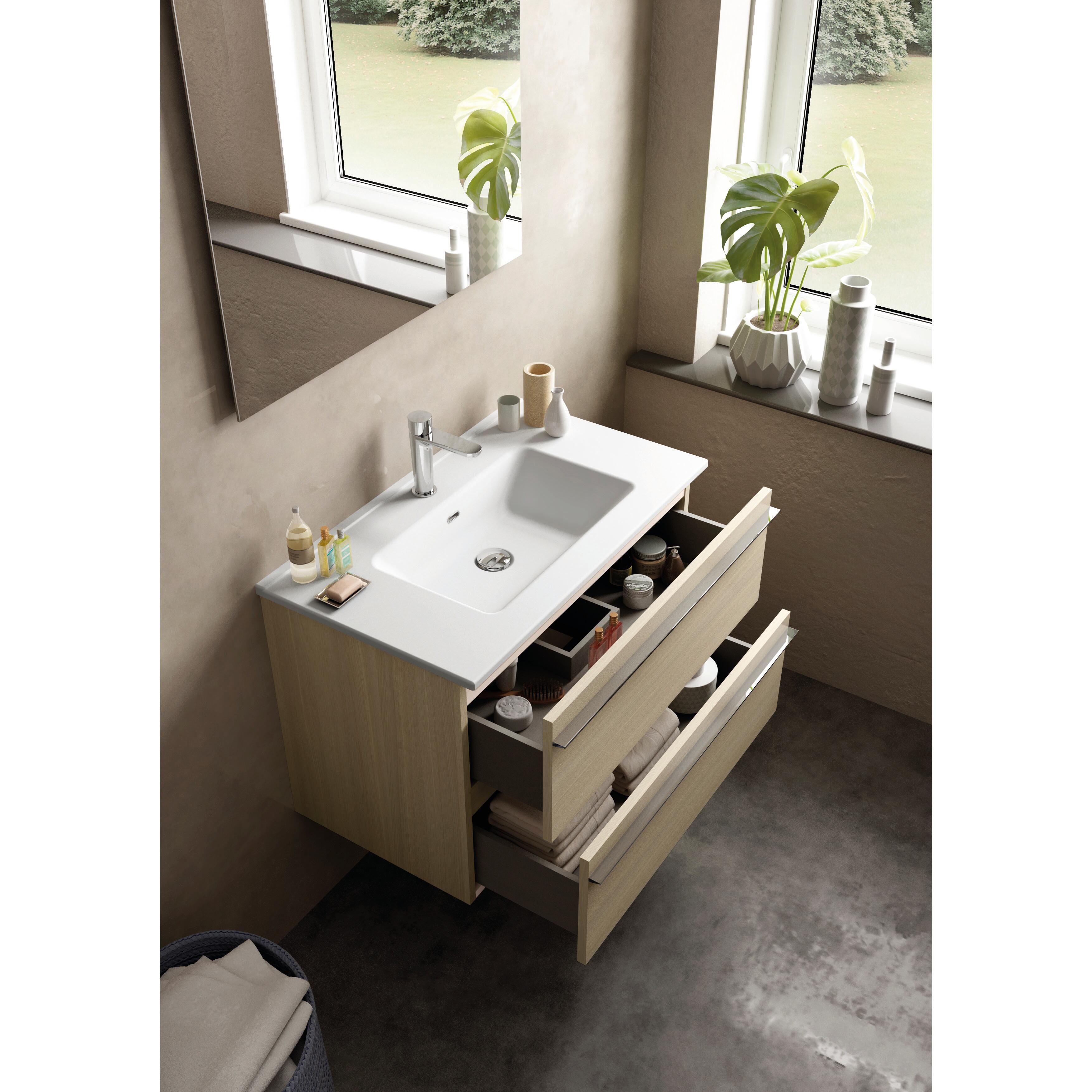Mobile bagno sospeso con lavabo L 80 x H 55 x P 46 cm rovere natura in truciolare 2 cassetti per vasca centrale Linea - 2
