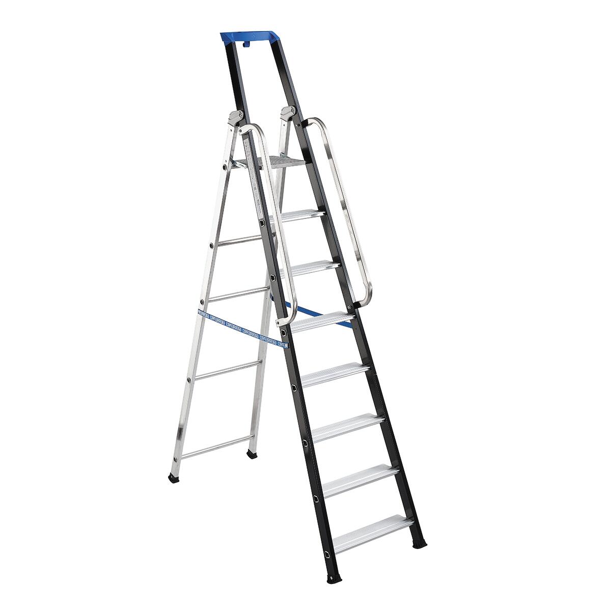 Scala A 7 Gradini In Alluminio Professionale - Portata 150 Kg, Certificata EN 131, Con Vano Portaoggetti