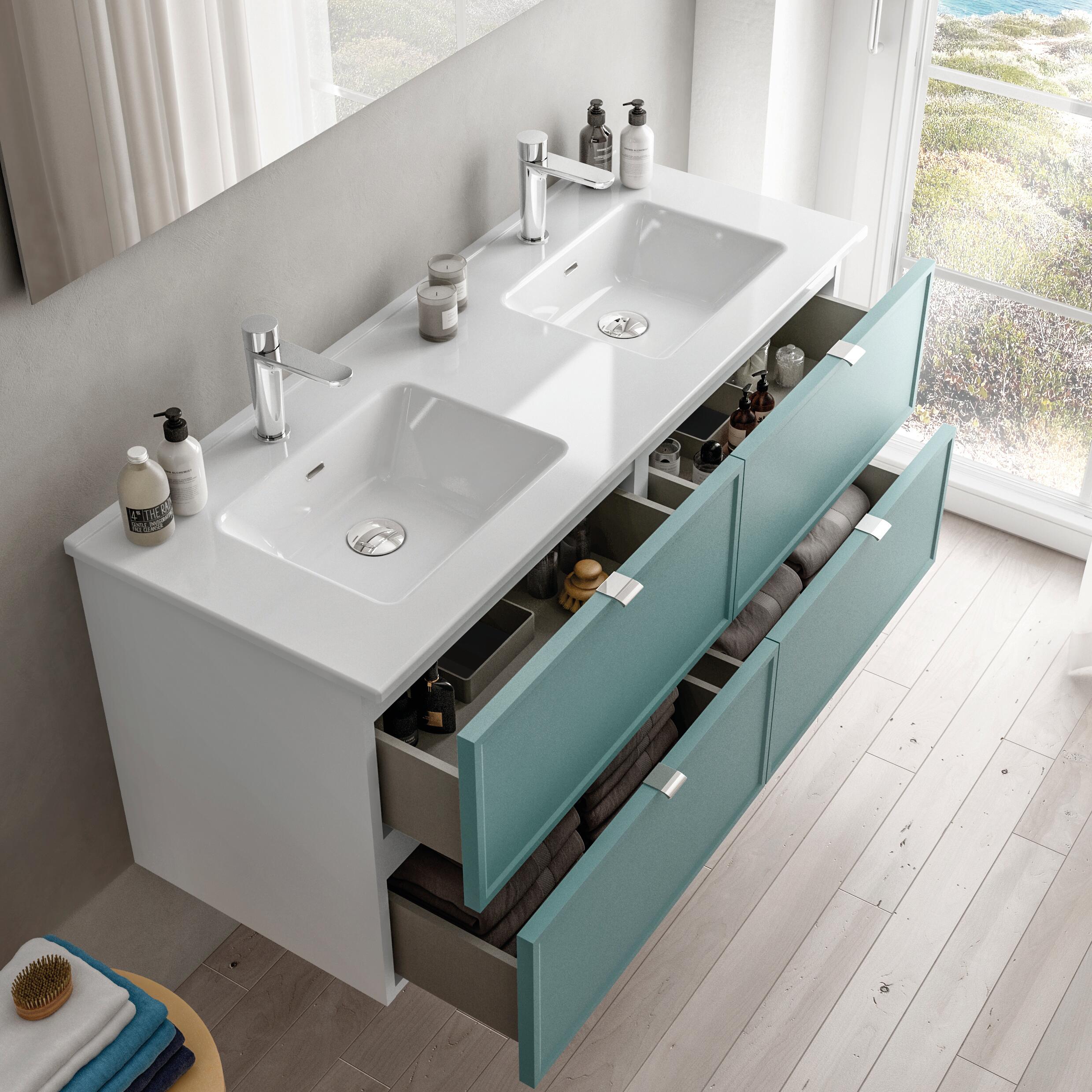 Mobile bagno sospeso con lavabo L 120 x H 57 x P 46 cm bianco-mirto in mdf 4 cassetti per doppia vasca Quadra - 2