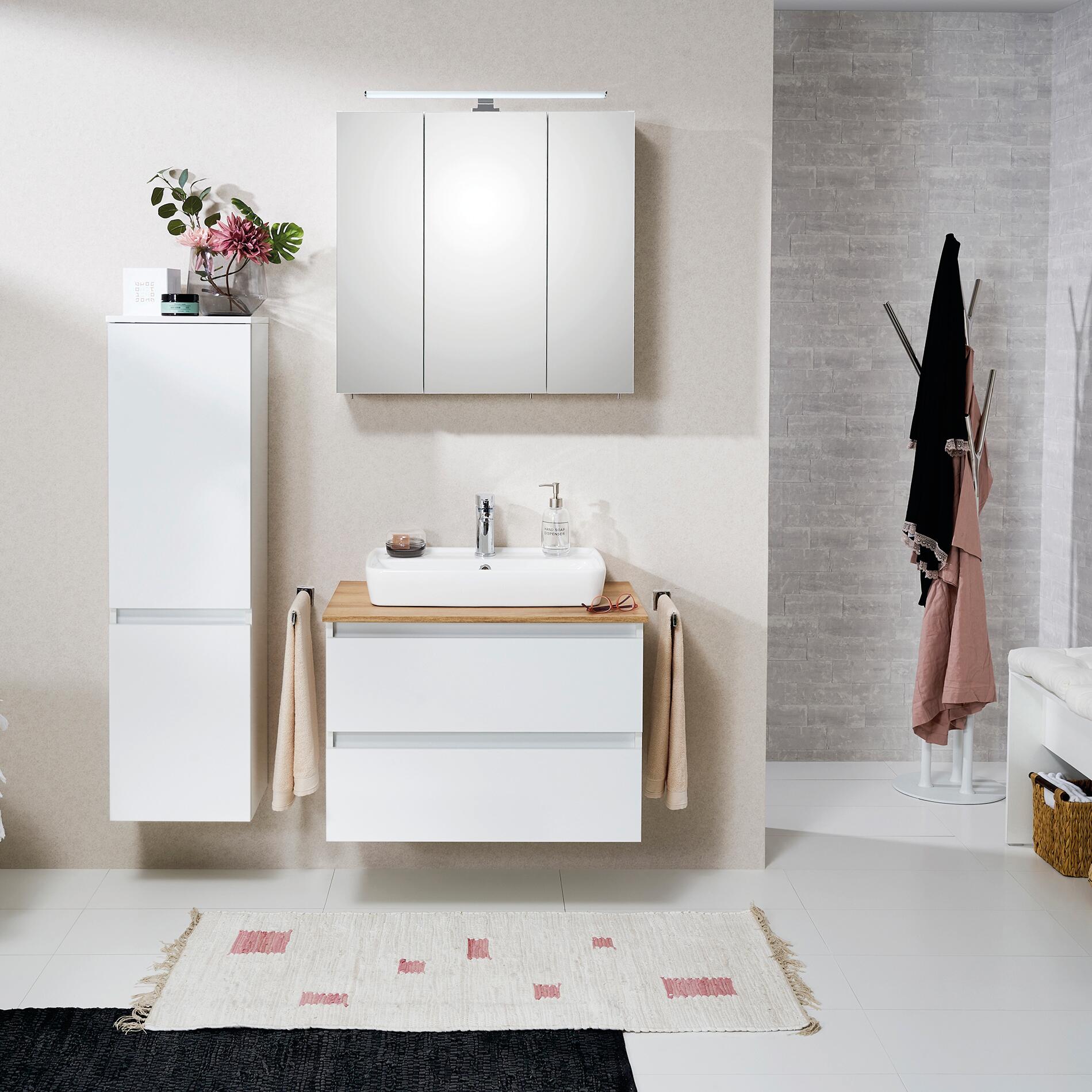 Mobile Bagno Sospeso 90cm Cannettato Bianco Opaco Con Lavabo E Specchio | Kaindy