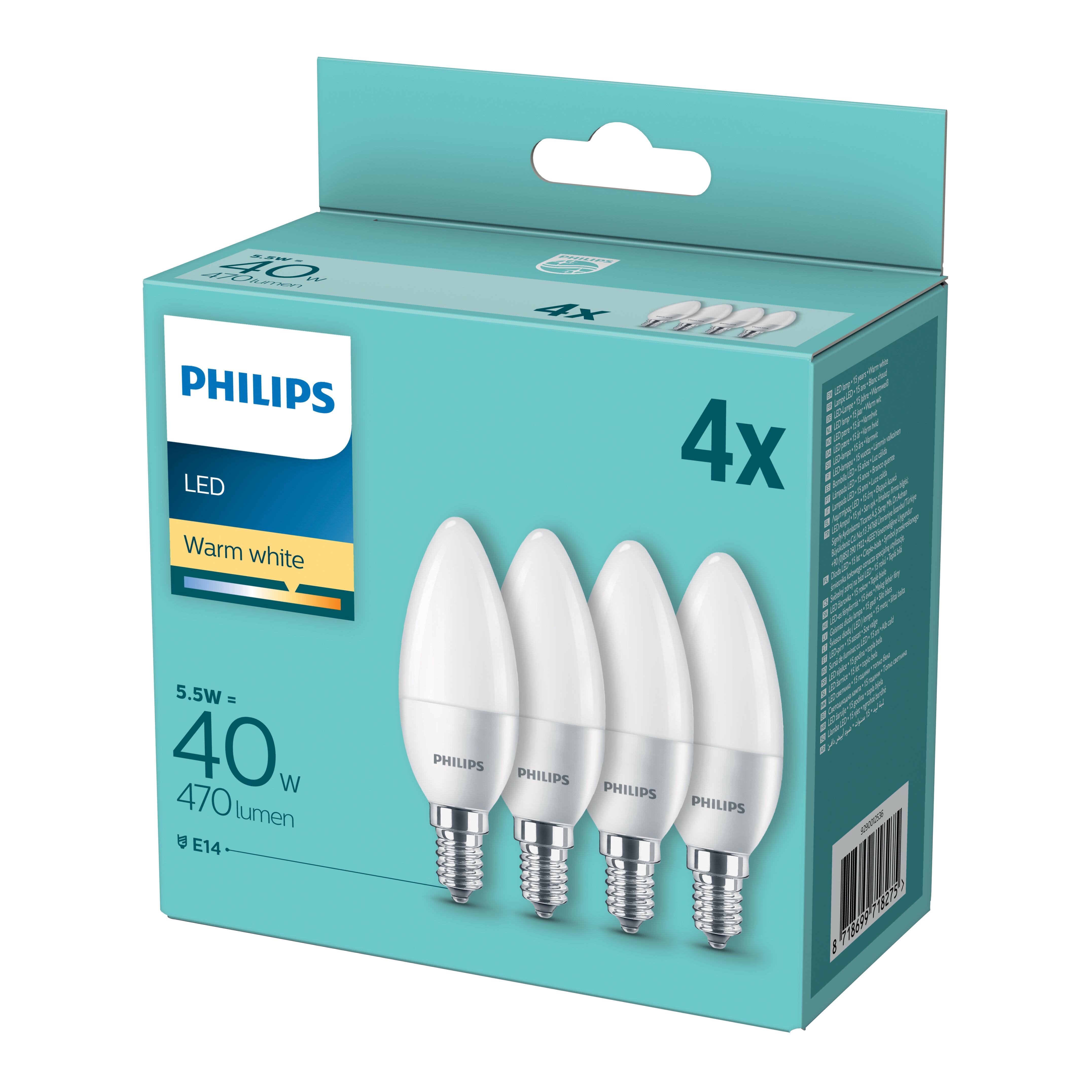 Set da 4 lampadine LED, E14 oliva, opaco, 5.5W = 470 LM (equiv 40 W) classe energetica A, 200°, PHILIPS - 7