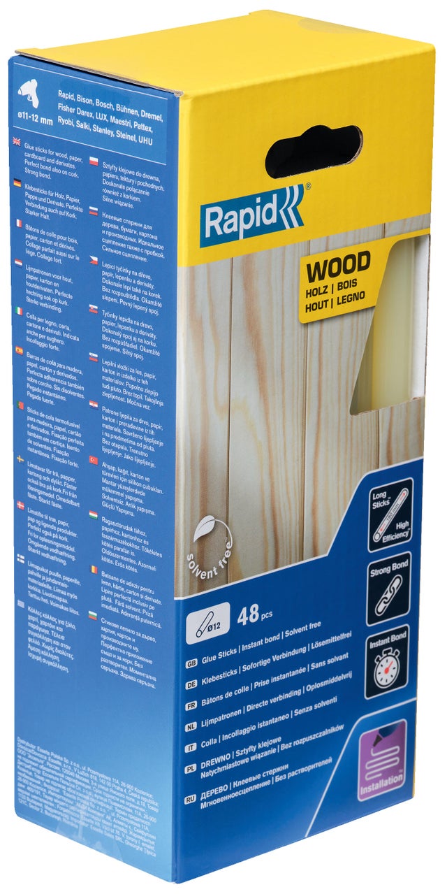 Colle bois et dérivés transparente 48 bâtons Diam.12 mm - RAPID