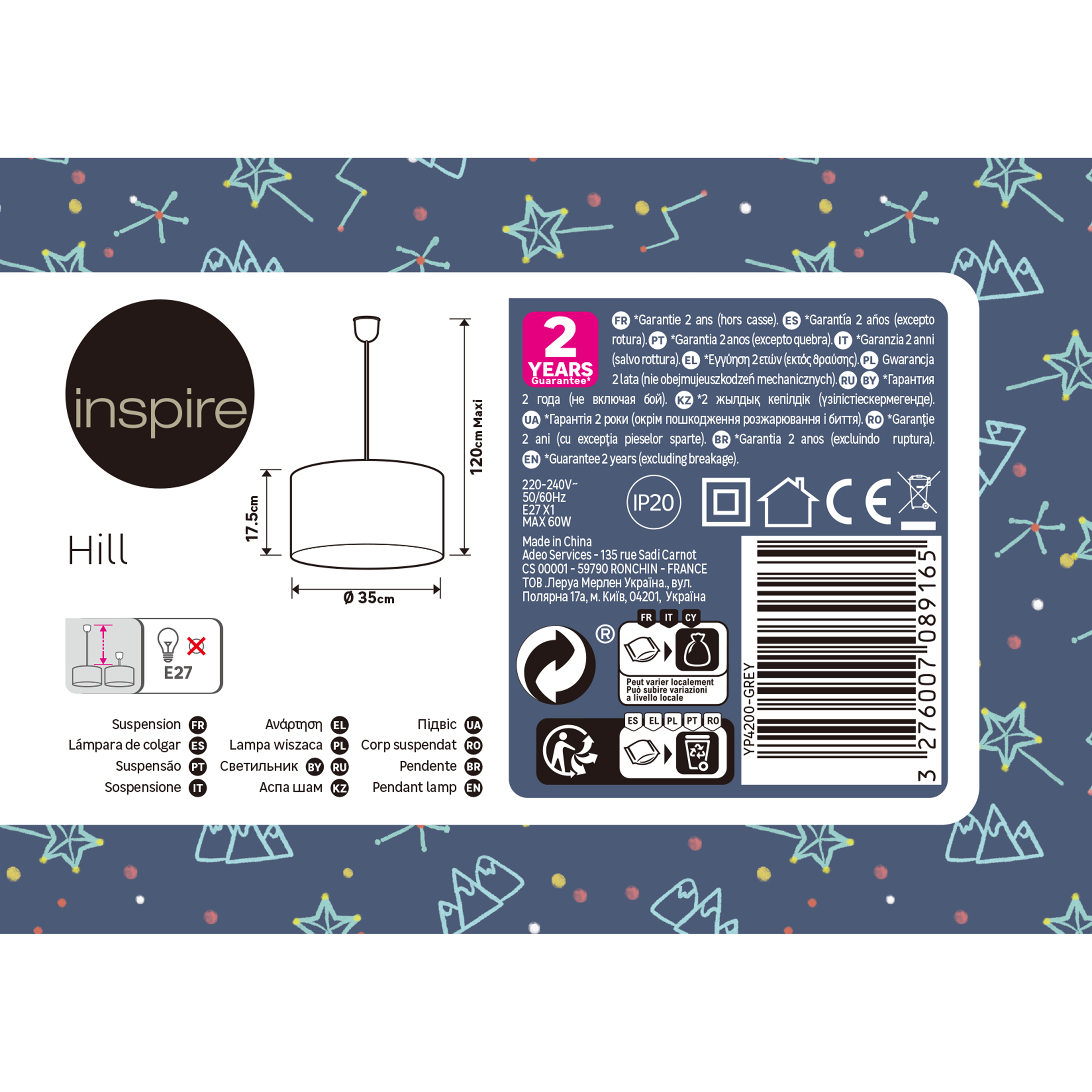 Lampa wisząca Hill niebiesko-zielona E27 Inspire - 8