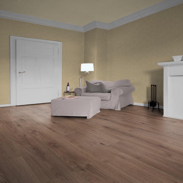 Pavimento laminato effetto legno rovere scuro, AC4 classe 32, sp. 8 mm, Advanced, 2.131 m²