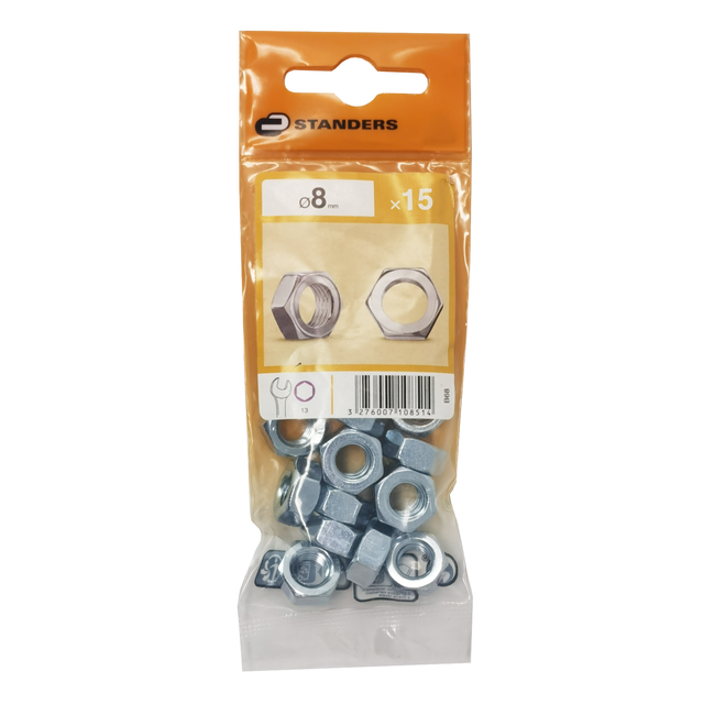 15 porcas hexagonais aço zincado 8 mm Standers
