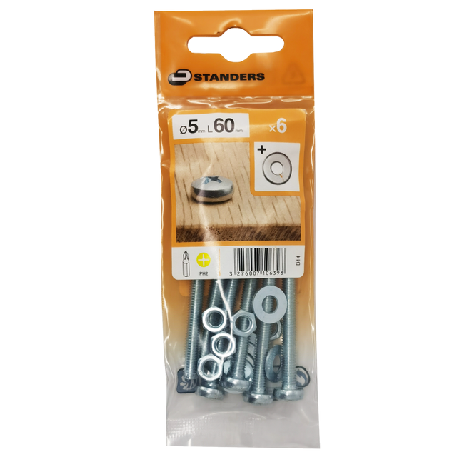 6 boulons acier tête demi-ronde phillips STANDERS, Ø5 x L.60 mm