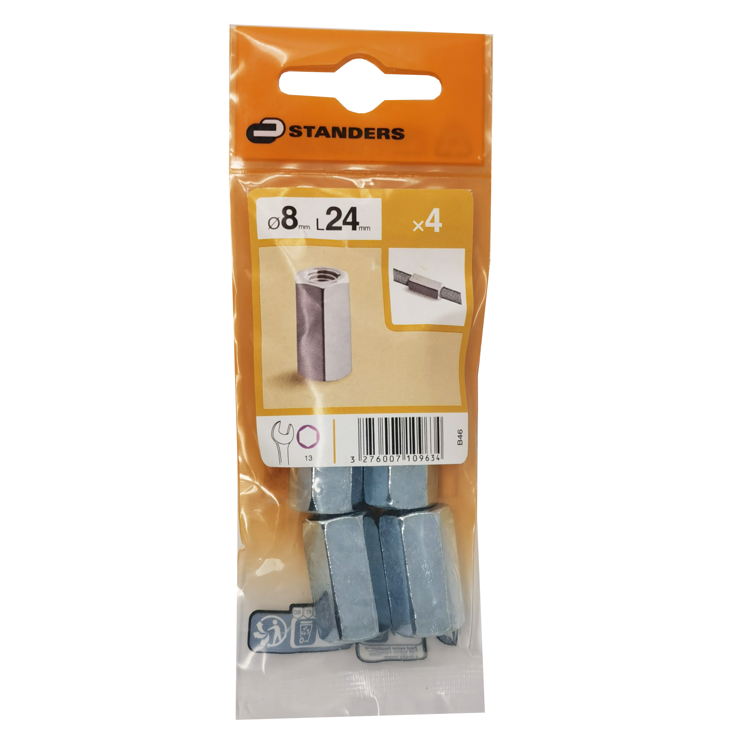 4 porcas de ligação STANDERS ROSCA INTERIOR AÇO CROMADO D8 - 5