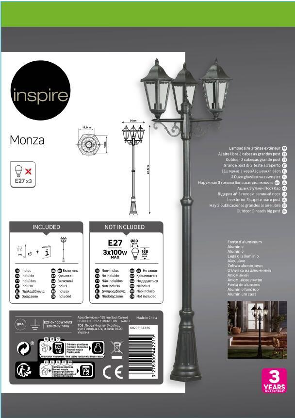 Lampione da giardino, Monza H 225 cm, nero, IP44 INSPIRE - 9