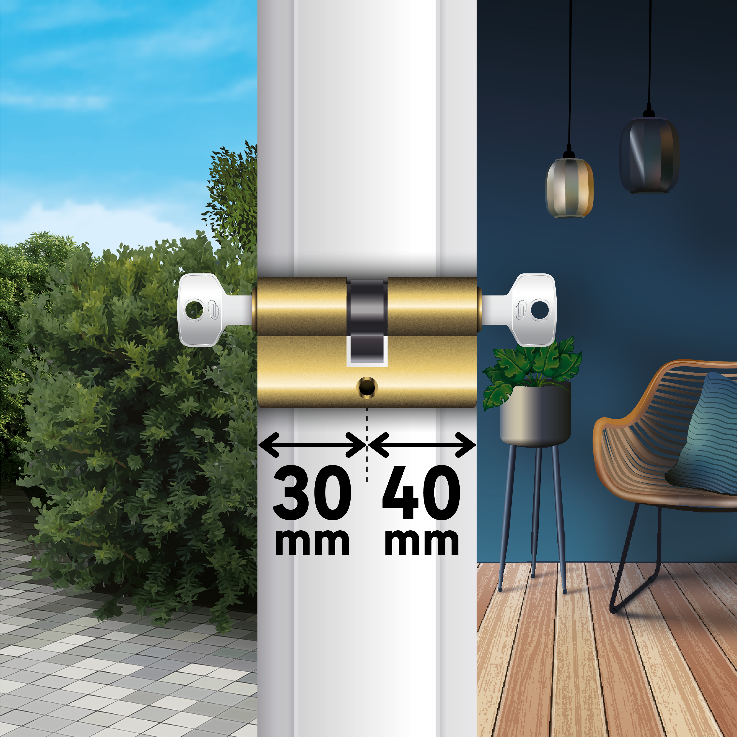Cilindro Europeo STANDERS, 30 + 40 mm, 2 ingressi chiave in ottone - 3