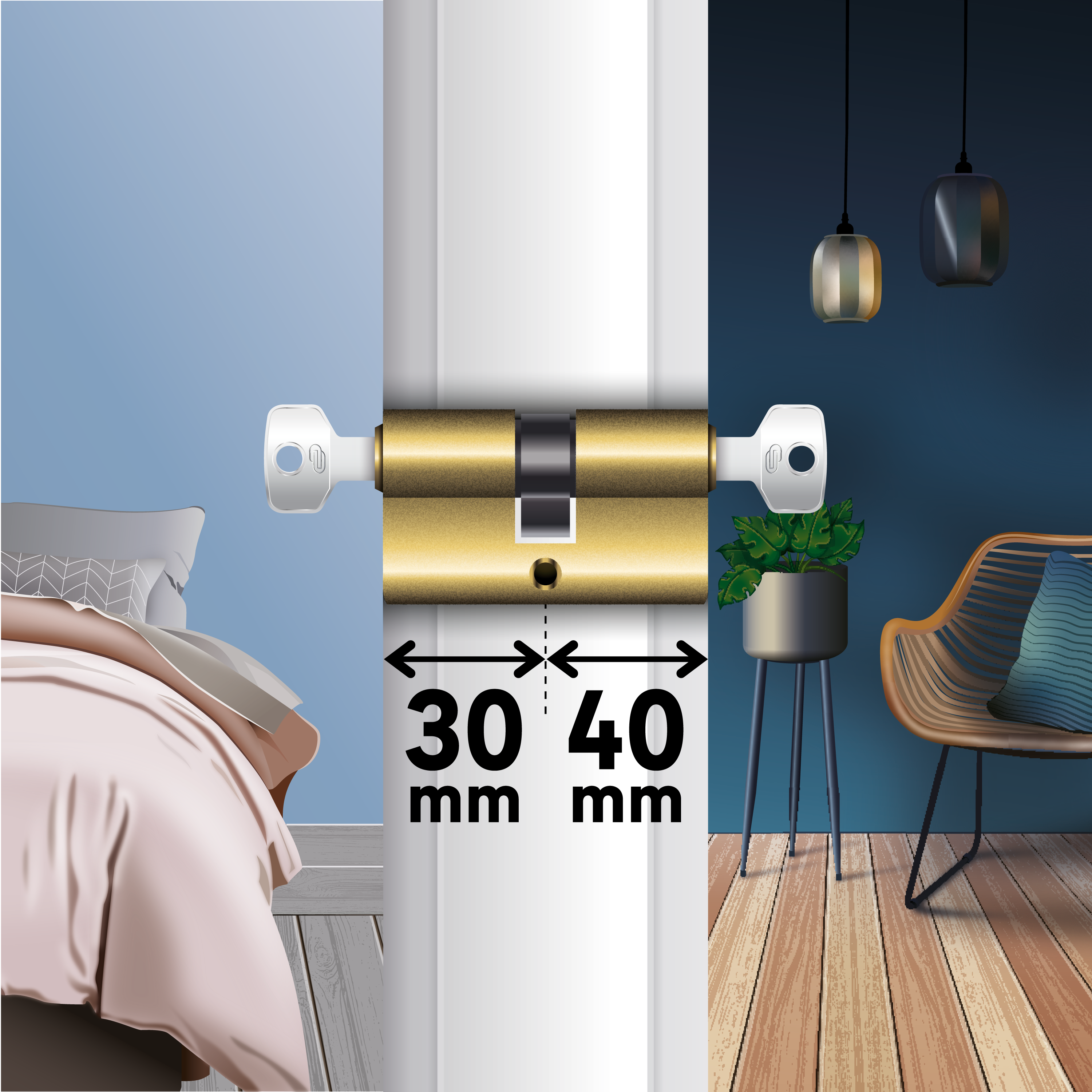 Cilindro Europeo, 30 + 40 mm, 2 ingressi chiave in ottone - 3