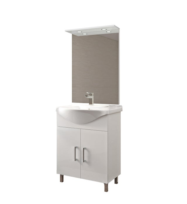 Mobile bagno da terra con lavabo e illuminazione L 65 x H 81.5 x P 50.5 cm bianco lucido in mdf, 2 ante per vasca centrale Simona