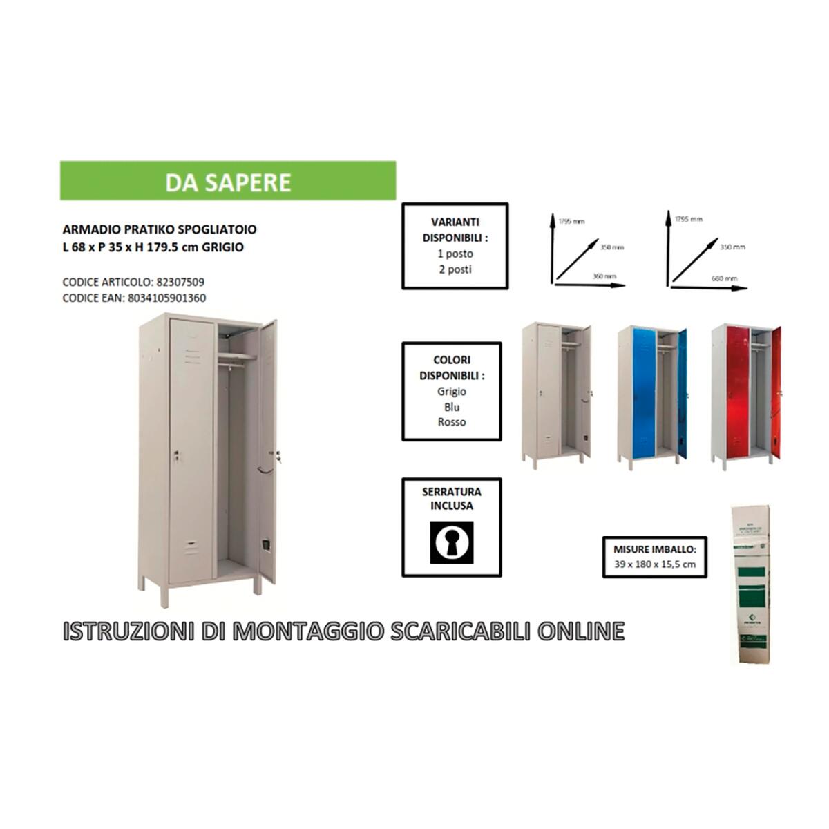 Armadio Spogliatoio A 2 Ante - 68x39,5x168h Cm - Per Interni Ed