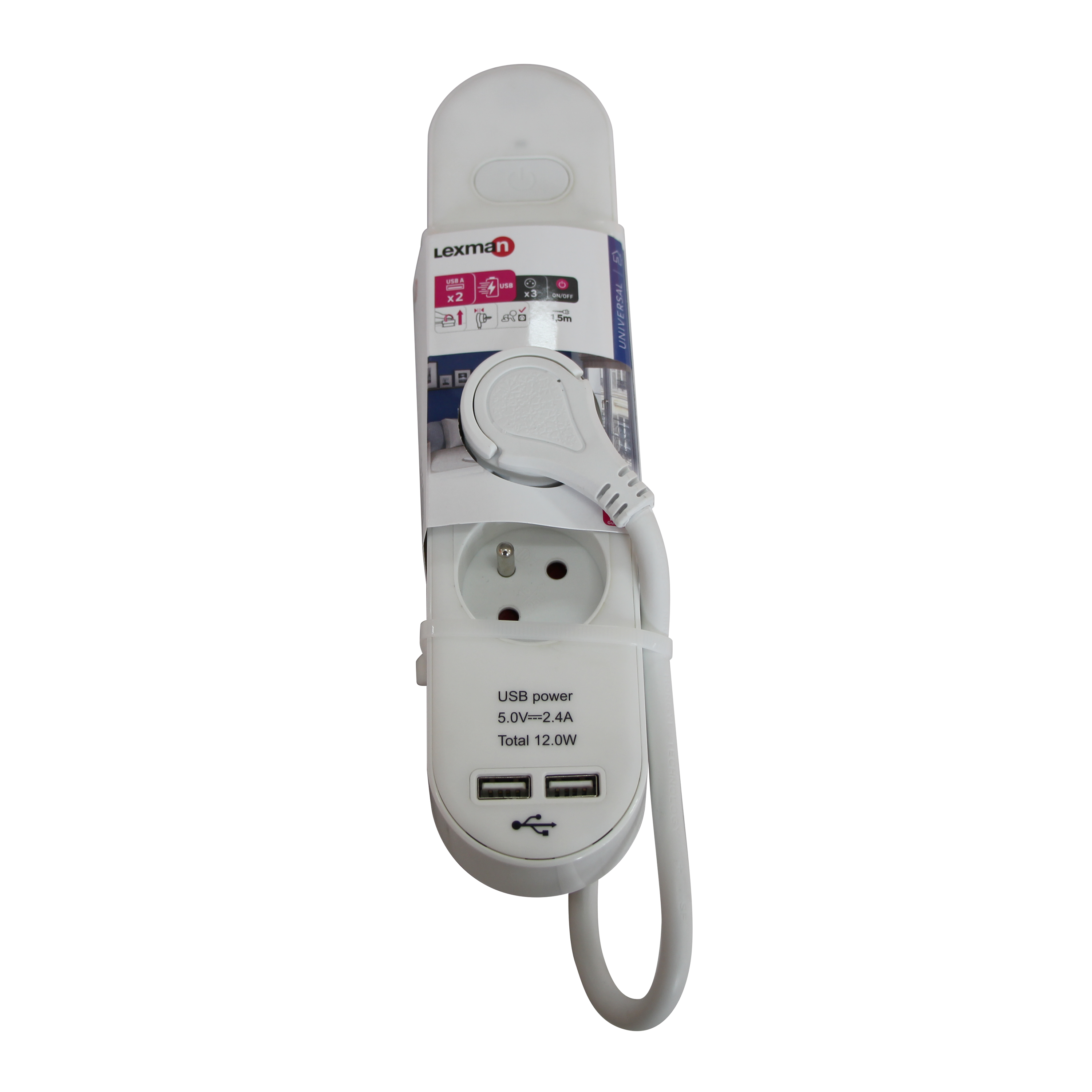 Przedłużacz z 3 gniazdami z uziemieniem i wyłącznikiem 2xUSB 1.5 m biały domowy LEXMAN - 7