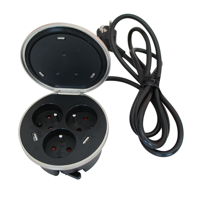Gniazdo podblatowe wpuszczane z 3 gniazdami z uziemieniem 2xUSB 2 m czarny LEXMAN