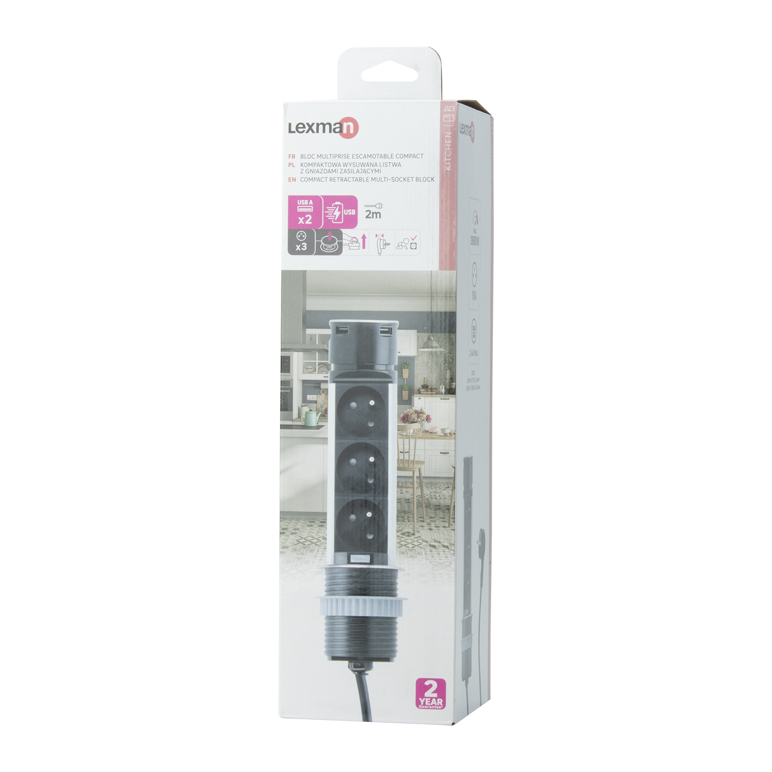 Gniazdo z ochroną podblatowe wpuszczane z 3 gniazdami z uziemieniem 2xUSB 2 m LEXMAN - 12