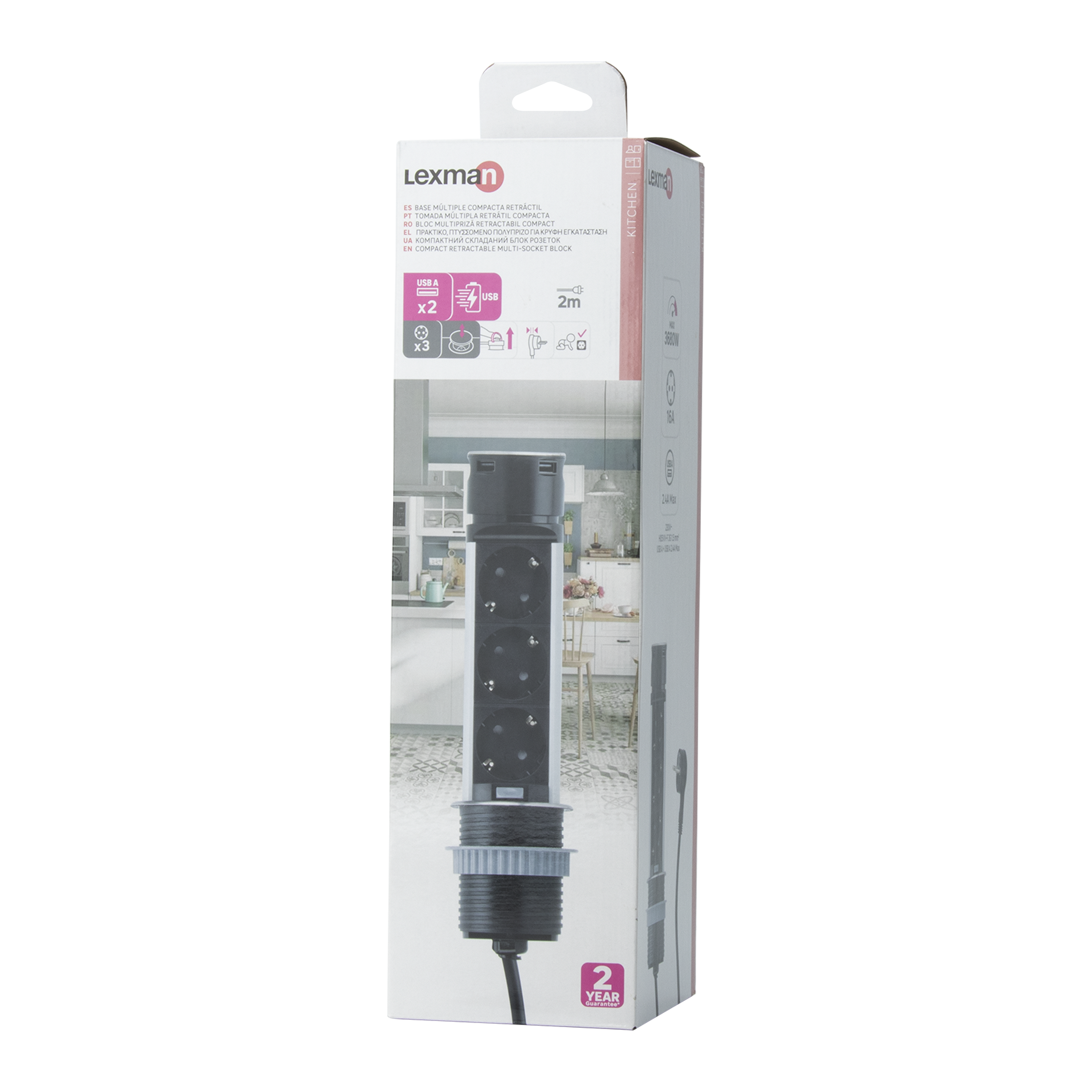 Extensão de 3 tomadas mesa encastrar 2 USB 2M alumínio Lexman - 6