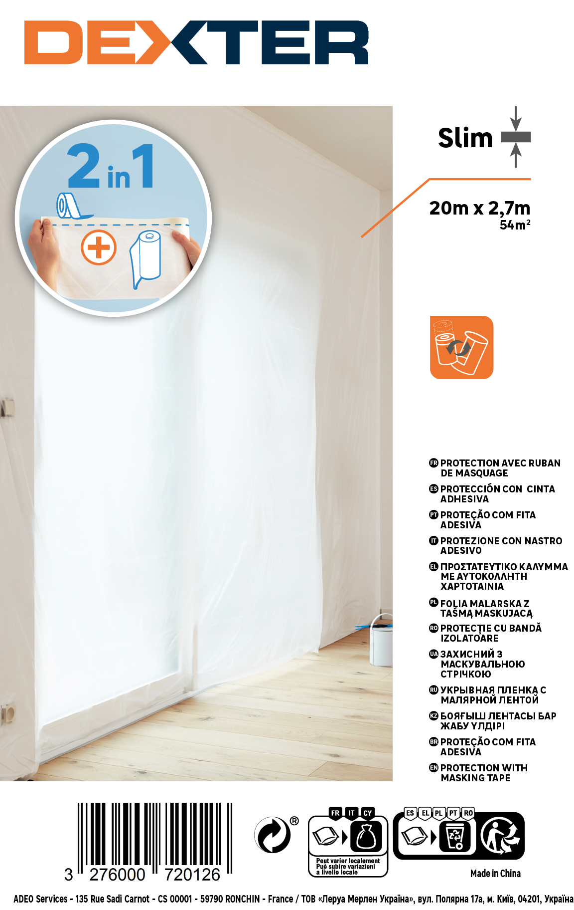 Bâche de protection avec ruban de masquage DEXTER, L.20 x l.2.7 m - 4